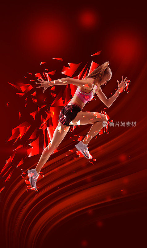 动态形象的年轻女子，跑步运动员在运动与多边形和流体霓虹灯元素的红色背景。