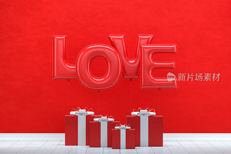 闪亮的爱情气球和礼品盒。情人节的概念。