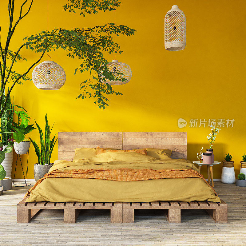 黄色卧室与异国情调的植物和灯光