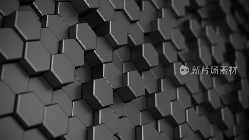 黑色数字技术背景与钢六角细胞。蜂窝结构的三维抽象插图。