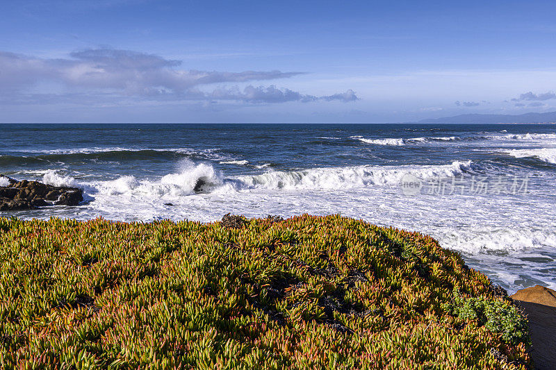 海浪冲击着加利福尼亚太平洋海岸的岩石