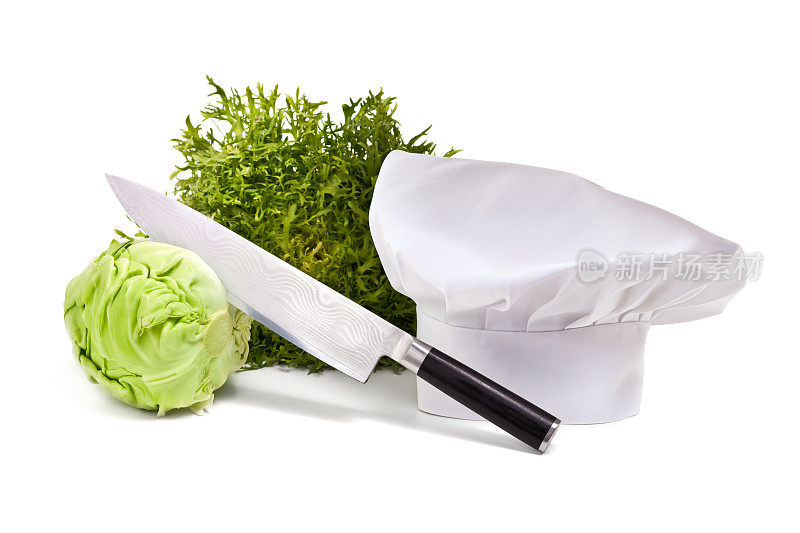 蔬菜，刀和厨师帽