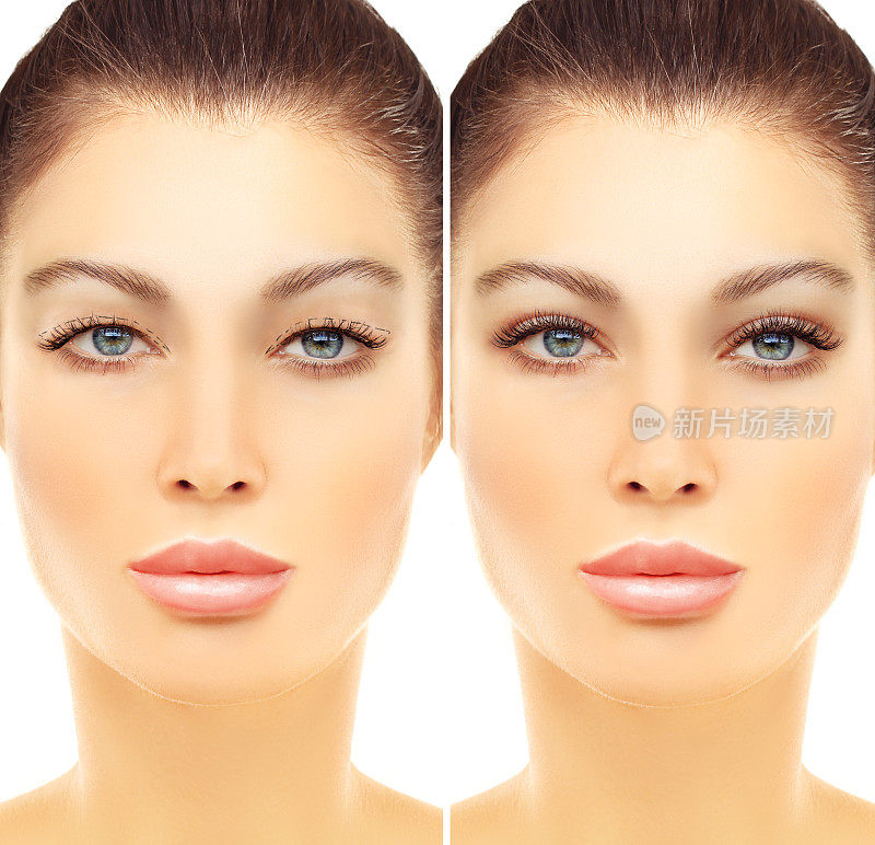眼睑整容术。标志着脸。女性面部穿孔纹，整形外科概念。