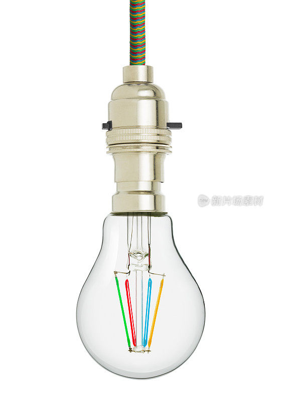 现代LED灯丝灯泡悬挂在多色线