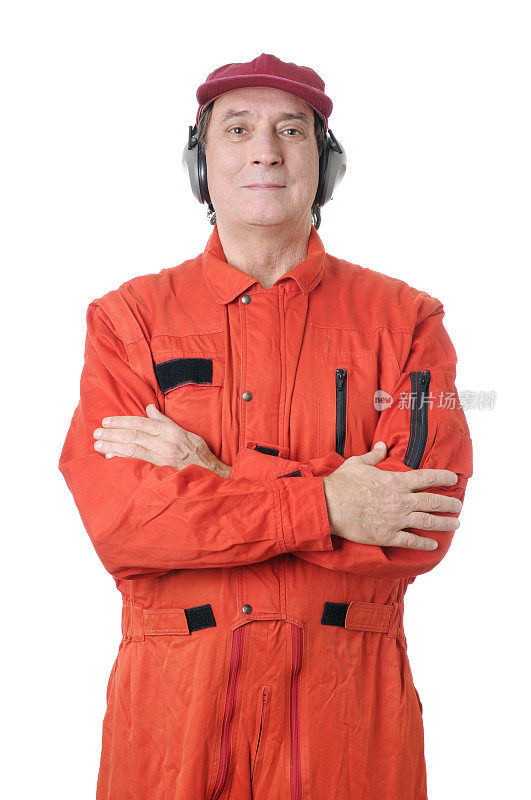 穿着橙色工作服的汽车修理工或空中交通管制员