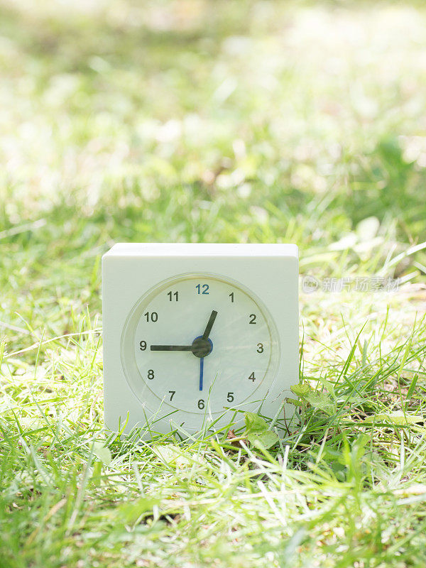 草坪上的白色简单时钟，12:45十二点四十五分