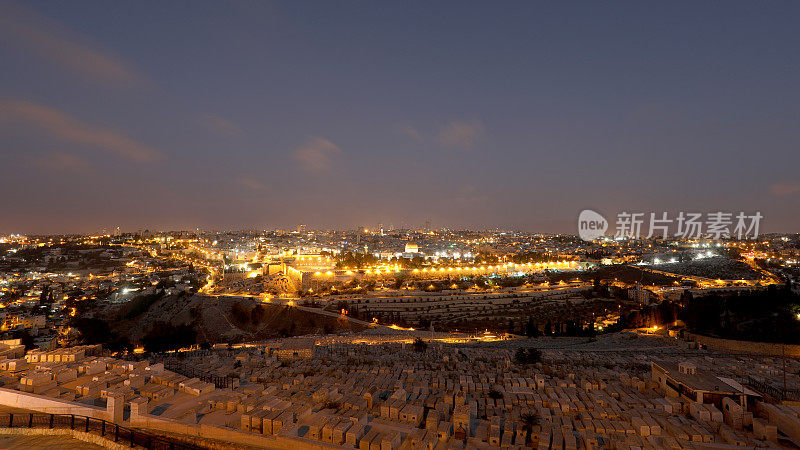 耶路撒冷老城日落夜鸟瞰图