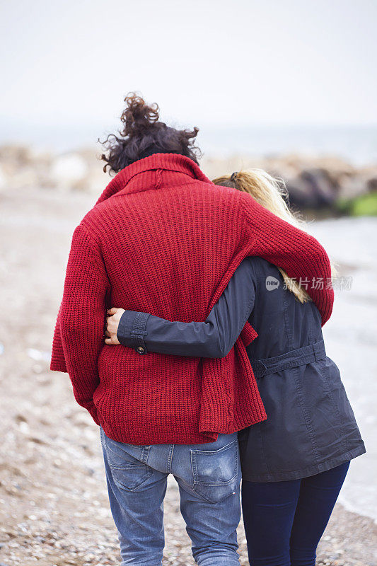在秋天的海滩上拥抱的夫妇的后视图。