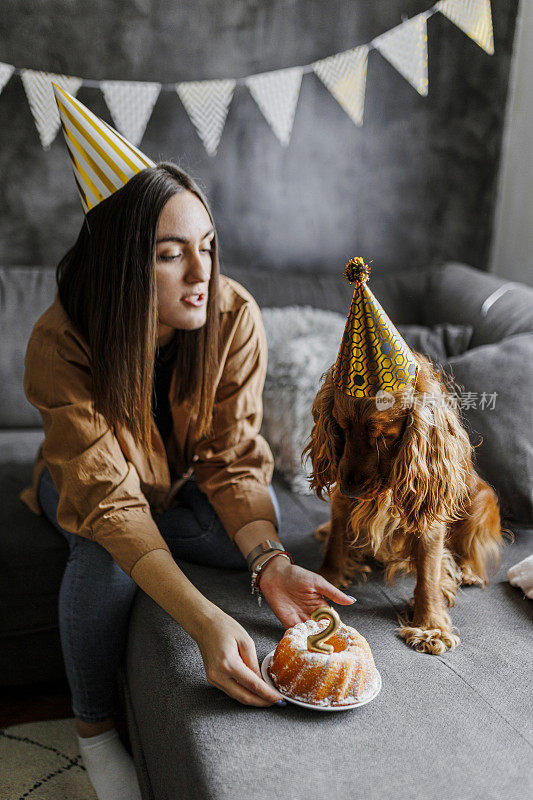 微笑的女人和她的狗在家里庆祝她的狗生日。