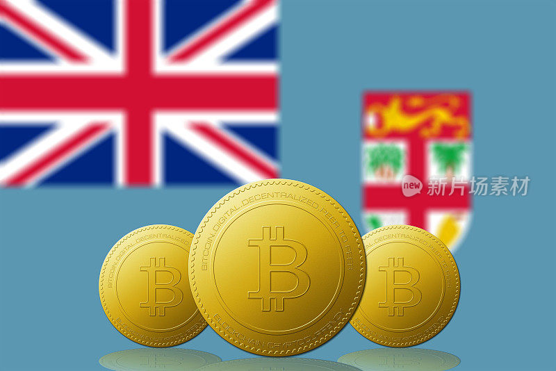 三比特币加密货币与斐济国旗的背景3D插图
