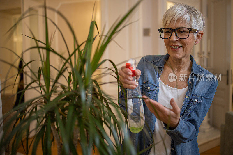 一位老年妇女在她的新公寓里照料植物