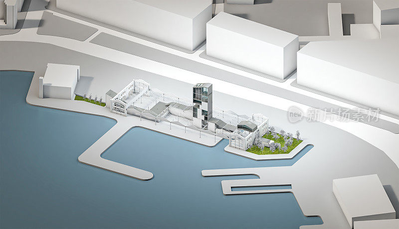 港口工业建筑的三维轴测图，有塔和绿色区域