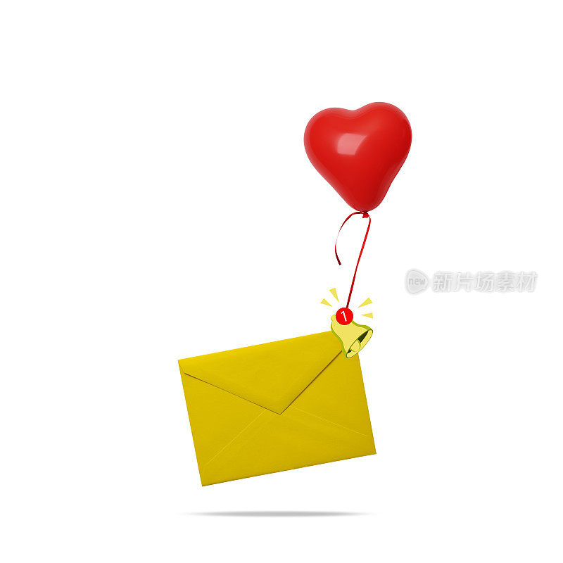 黄色信封和半空中的红色心形气球