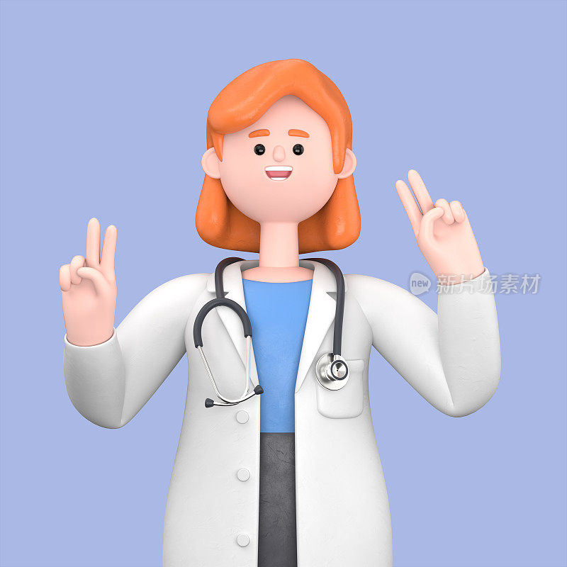 女博士诺瓦的三维插图显示手指做和平手势，胜利标志，第二，成功的人。在蓝色背景上隔离的医学演示剪贴画