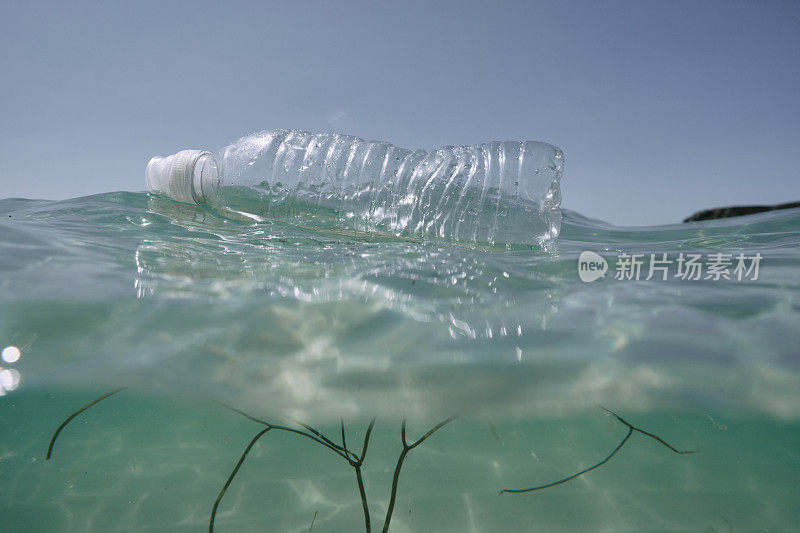 海面上漂浮着废弃的塑料瓶。