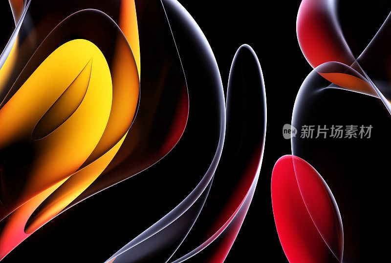 3d渲染超现实外星花朵的抽象艺术部分，以曲线波浪状的圆形和球形线条形成透明的塑料材料，黑色背景上有发光的红黄橙色