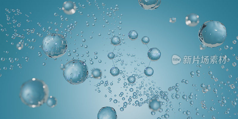 化妆品精华，液体气泡，液体气泡内的分子在水的背景，3d渲染
