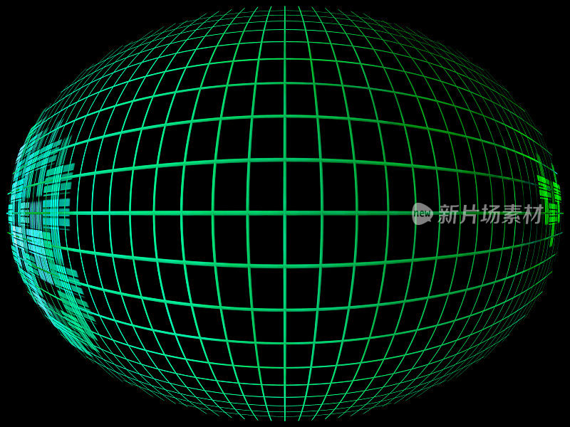 绿色抽象的球形轮廓与子午线网格在黑暗中。