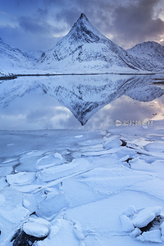 冬天的挪威，山脉倒映在峡湾上