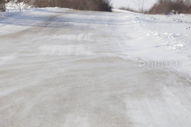 大风把雪吹在柏油路上