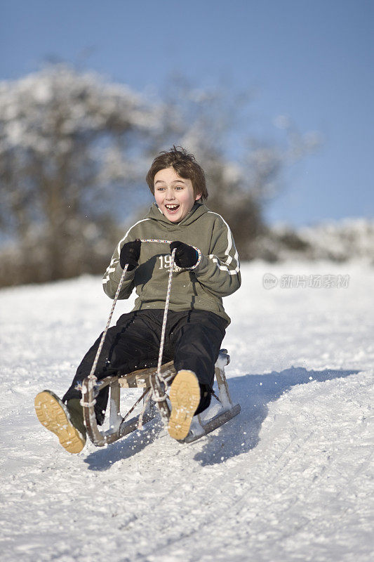 男孩在雪地里驾着雪橇跑得飞快