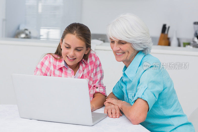 孙女和奶奶一起用笔记本电脑