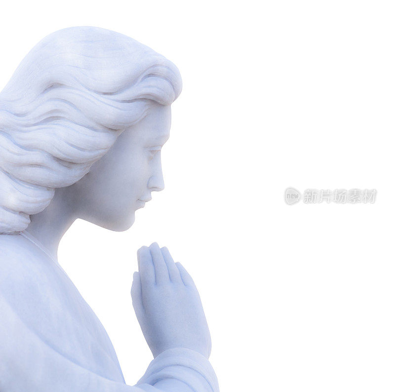 祈祷天使，白色背景上孤立的大理石雕像，复制空间