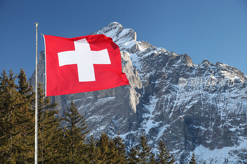 瑞士国旗在阿尔卑斯山飘扬