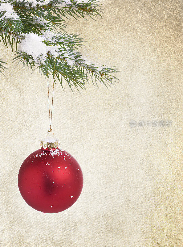 圣诞装饰物和雪覆盖松树枝在Grunge背景