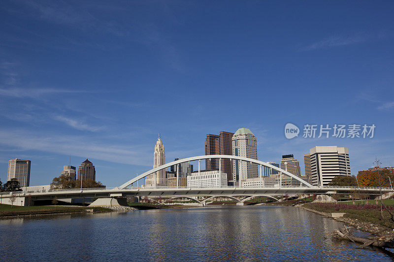 俄亥俄州哥伦布市的天际线，前景是主街桥