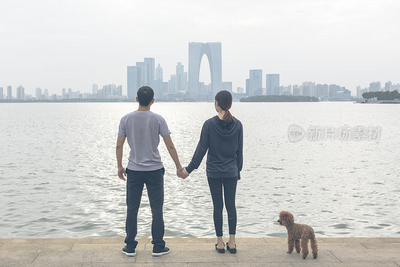 年轻夫妇手牵着手看风景的后视图