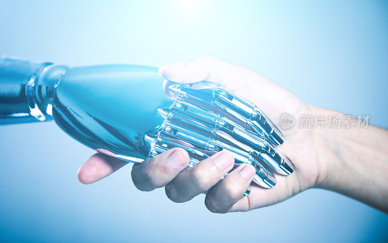 男人和机器人握手