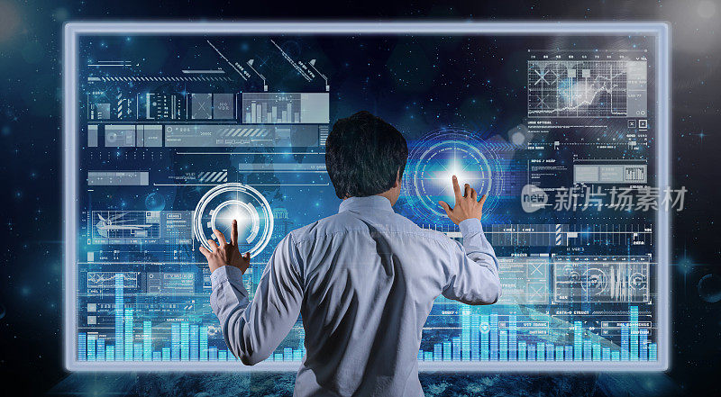 背面商人手触摸科技数字虚拟屏幕上的股票行情图表背景，企业创新理念