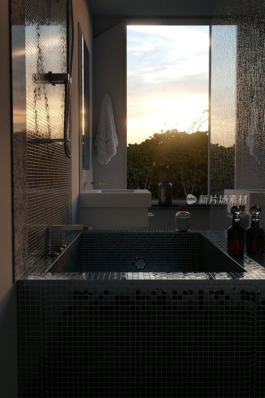 豪华浴室的3d渲染与马赛克瓷砖。从浴缸到日落的景色
