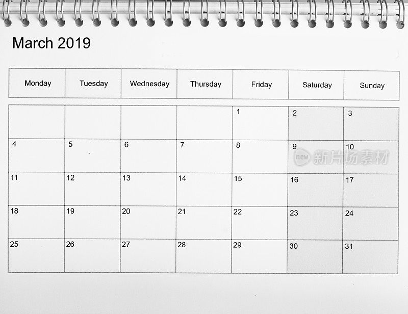 2019年3月打印在日历模板上