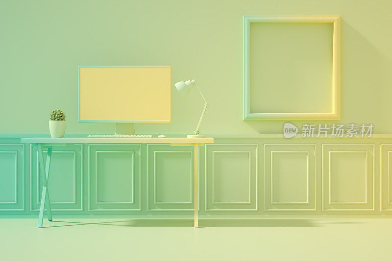 3D家庭办公概念，抽象的工作场所与现代室内黑屏显示器