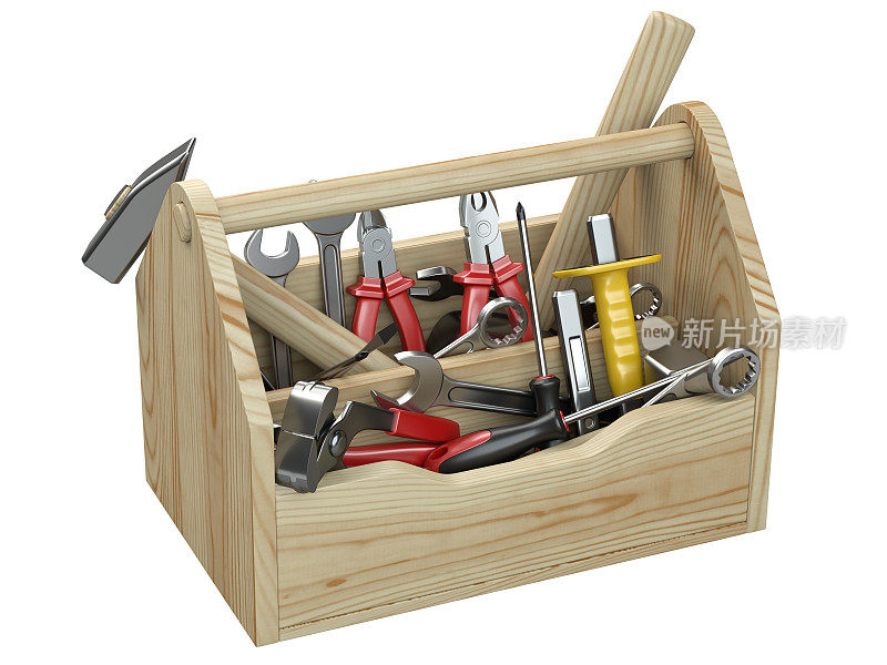 装工具箱的木箱。旁边有一把斧头、一把凿子、一把凿子、一把钳子、一把木槌、一把锤子、一把螺丝刀、一把扳手、一把锯子和一把钳子。