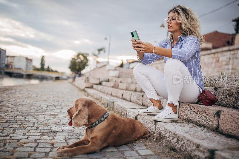 美丽的女人坐在楼梯外面和她的可可猎犬和使用智能手机