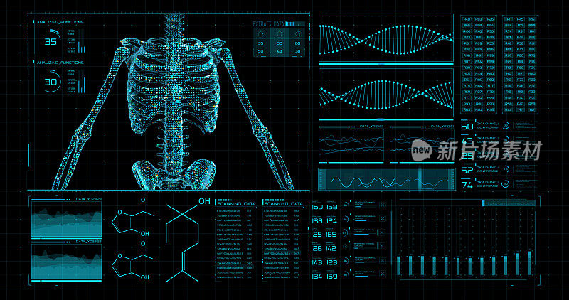 未来医学程序的hud界面是骨骼和关节的MRI三维可视化数字控制面板，可以帮助明确诊断，识别定位，病理过程的形式。
