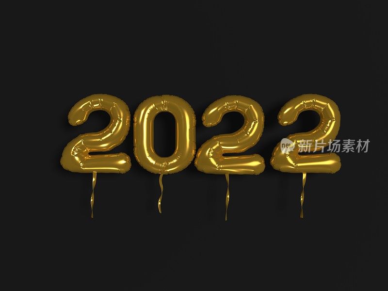 2022年黑色背景金色气球制作的新年贺卡