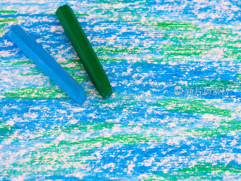 一幅手绘油画上的蓝色和绿色油彩。