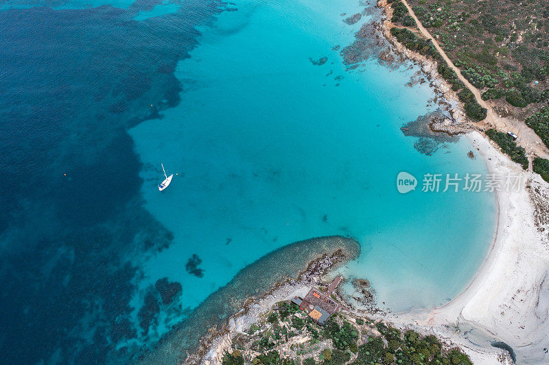 无人机看到的田园诗般的海滩和半岛，撒丁岛的海岸线