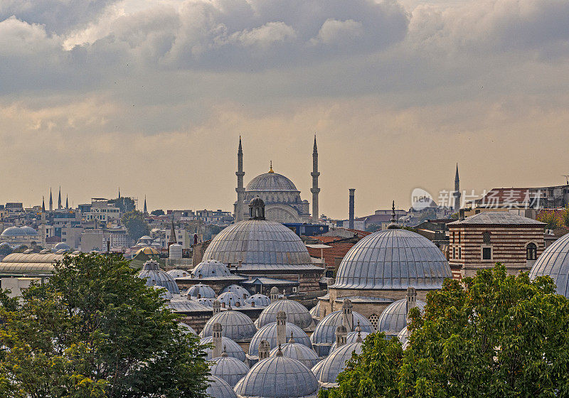 土耳其伊斯坦布尔历史悠久的土耳其澡堂和奥斯曼建筑圆顶的全景