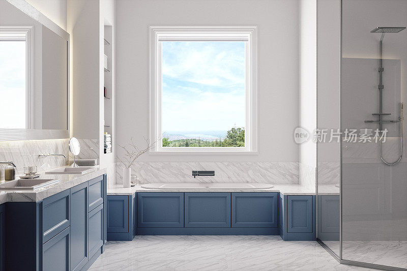 豪华现代室内浴室，配有按摩浴缸和美丽的湖景