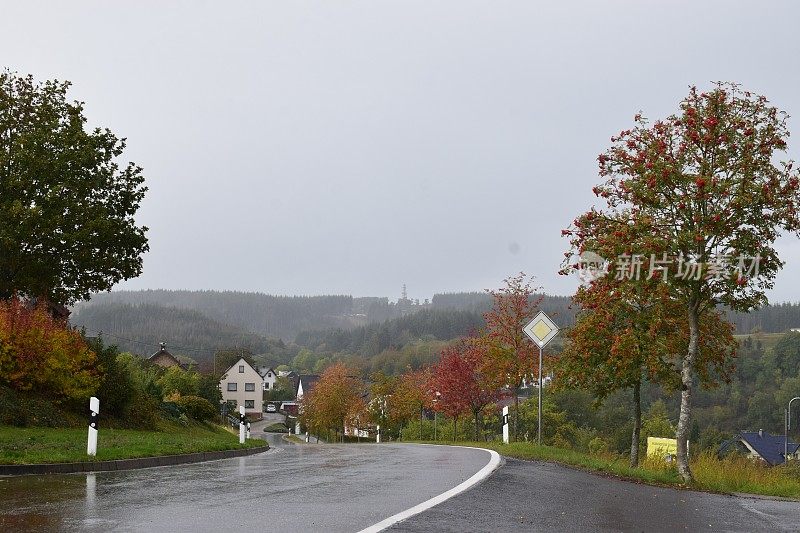 潮湿的乡村大道在秋天