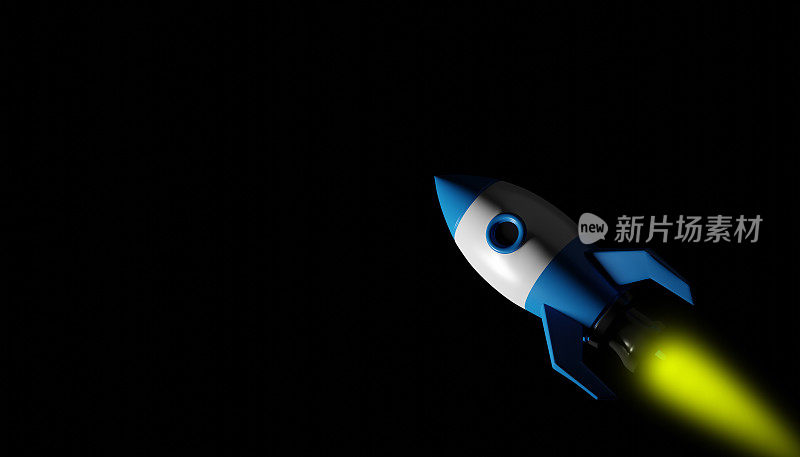3d渲染一个飞行火箭图标的黑色背景与复制空间为您的文本。数字图像说明。