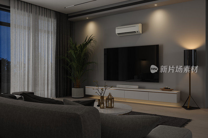 现代客厅室内在晚上有电视，空调和沙发