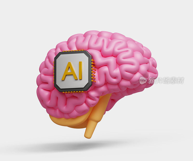 神经技术，植入式大脑机器。我像人一样思考。机器学习技术。解决问题，机器人自动化和创新。3D大脑与AI处理芯片图标。三维演示
