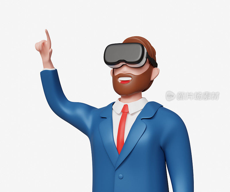 3D年轻的胡须商人戴着虚拟现实眼镜触摸增强现实屏幕。数字进化，虚拟会议，创新，VR技术，商业，金融理念