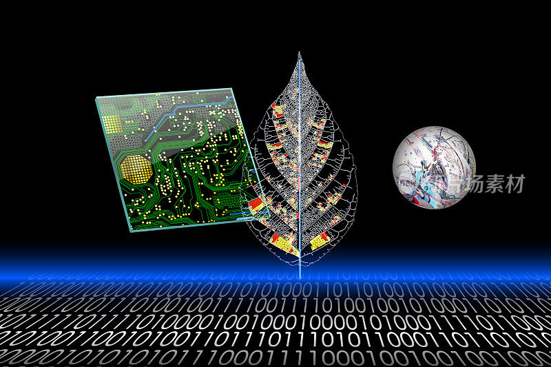 显示了静脉和细胞或分子二进制代码的遗传信息。电子电路图投射在透明的电脑玻璃平板上。